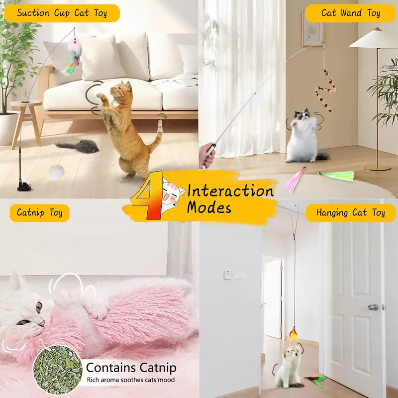 11-in-1 Interactive Cat Teaser Toy Set – Hands-Free Feather Wand with Suction Cup
