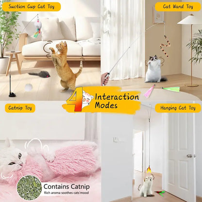 11-in-1 Interactive Cat Teaser Toy Set – Hands-Free Feather Wand with Suction Cup