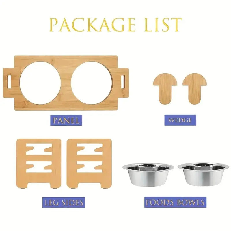 Elevated Slow Feeder Stand for Small to Medium Dogs - 6 Adjustable Heights, 15° Tilt Design for Joint Relief, Includes 2 Easy-Clean 700ml Stainless Steel Bowls, Natural Bamboo Double N-Shaped Base
