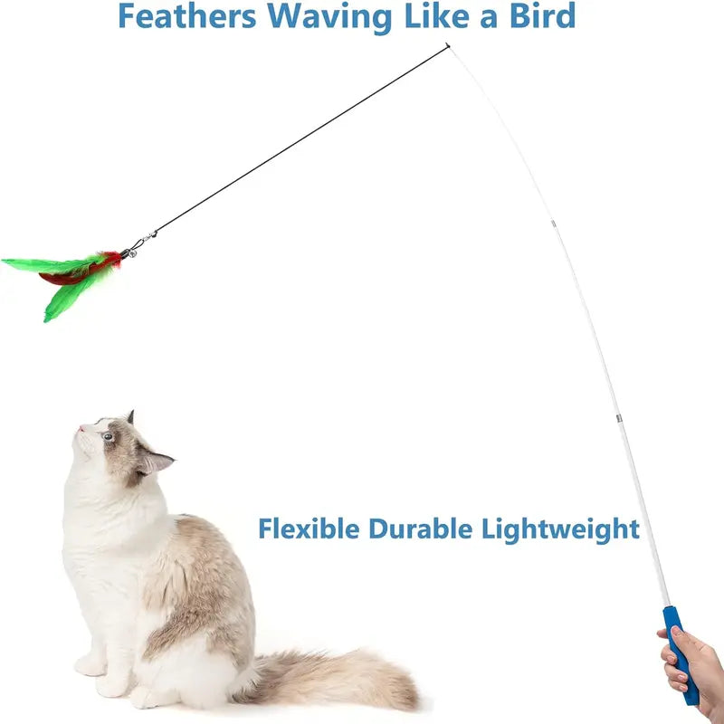 Interactive Feather Cat Wand Toy Set – 2 Retractable Wands + 7 Feather Refills with Bells