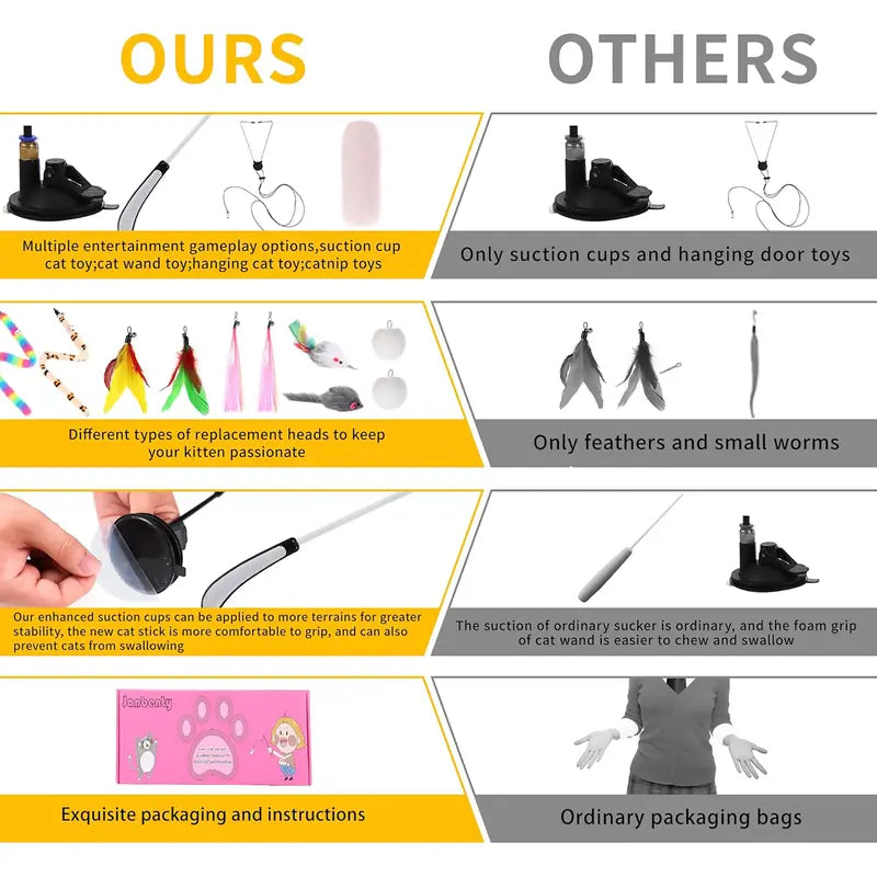 11-in-1 Interactive Cat Teaser Toy Set – Hands-Free Feather Wand with Suction Cup