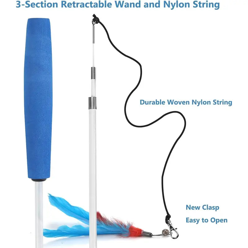 Interactive Feather Cat Wand Toy Set – 2 Retractable Wands + 7 Feather Refills with Bells