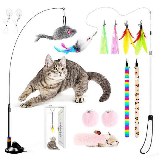 11-in-1 Interactive Cat Teaser Toy Set – Hands-Free Feather Wand with Suction Cup