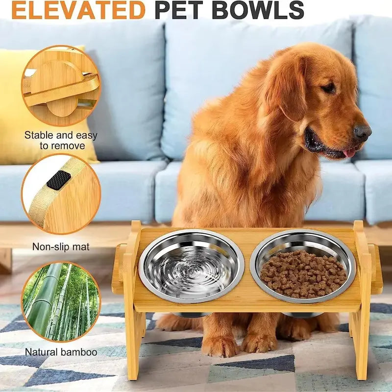 Elevated Slow Feeder Stand for Small to Medium Dogs - 6 Adjustable Heights, 15° Tilt Design for Joint Relief, Includes 2 Easy-Clean 700ml Stainless Steel Bowls, Natural Bamboo Double N-Shaped Base