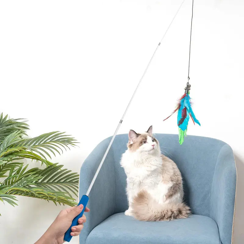 Interactive Feather Cat Wand Toy Set – 2 Retractable Wands + 7 Feather Refills with Bells