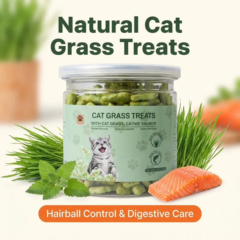 Freeze-Dried Natural Salmon Cat Treats with Feline Grass - Natural Shape Fish-Shaped Kitten Supplies, Hairball Control Aid, Teeth Cleaning, Fresh Breath Support, Cat Training Tool
