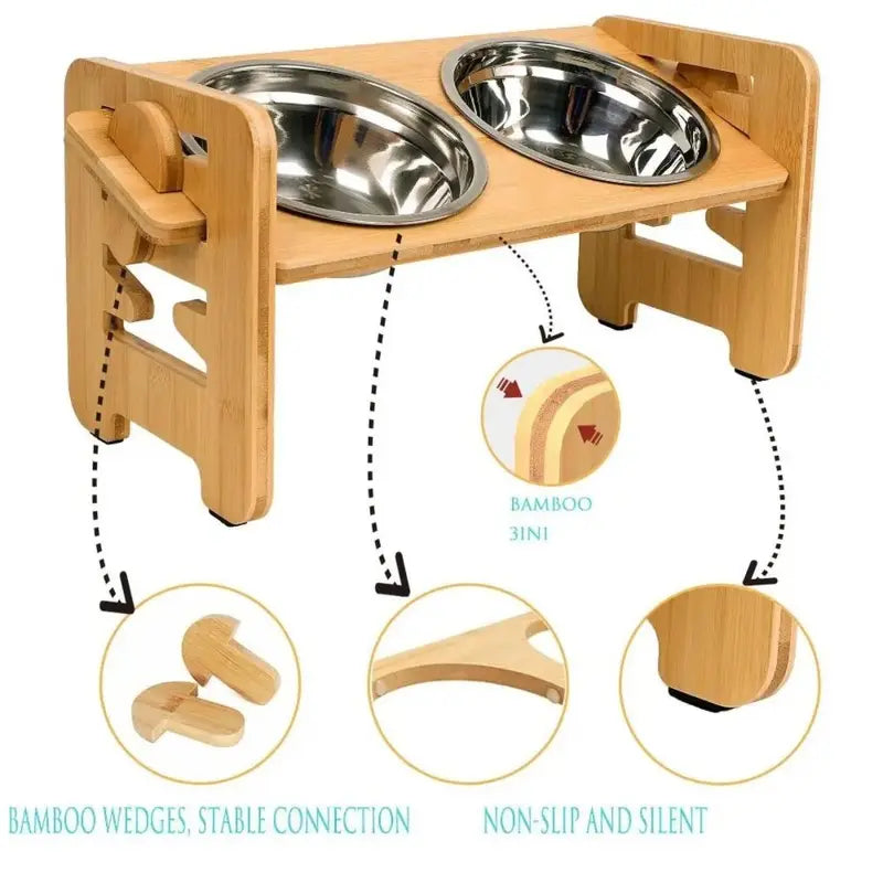 Elevated Slow Feeder Stand for Small to Medium Dogs - 6 Adjustable Heights, 15° Tilt Design for Joint Relief, Includes 2 Easy-Clean 700ml Stainless Steel Bowls, Natural Bamboo Double N-Shaped Base
