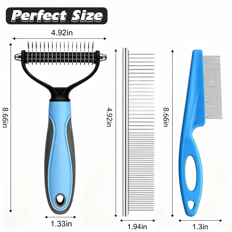 3-Piece Stainless Steel Pet Grooming Comb Set – Detangling, Undercoat & Face Combs