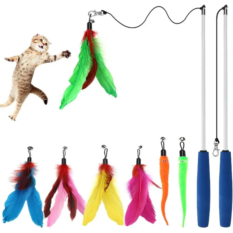 Interactive Feather Cat Wand Toy Set – 2 Retractable Wands + 7 Feather Refills with Bells