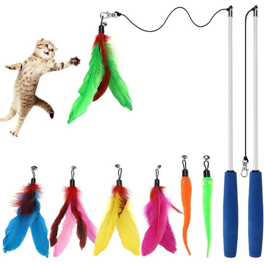 Interactive Feather Cat Wand Toy Set – 2 Retractable Wands + 7 Feather Refills with Bells