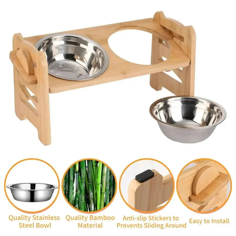 Elevated Slow Feeder Stand for Small to Medium Dogs - 6 Adjustable Heights, 15° Tilt Design for Joint Relief, Includes 2 Easy-Clean 700ml Stainless Steel Bowls, Natural Bamboo Double N-Shaped Base