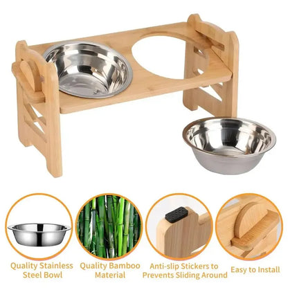 Elevated Slow Feeder Stand for Small to Medium Dogs - 6 Adjustable Heights, 15° Tilt Design for Joint Relief, Includes 2 Easy-Clean 700ml Stainless Steel Bowls, Natural Bamboo Double N-Shaped Base