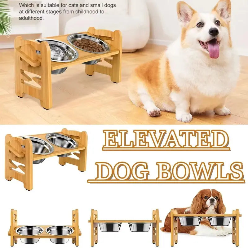 Elevated Slow Feeder Stand for Small to Medium Dogs - 6 Adjustable Heights, 15° Tilt Design for Joint Relief, Includes 2 Easy-Clean 700ml Stainless Steel Bowls, Natural Bamboo Double N-Shaped Base