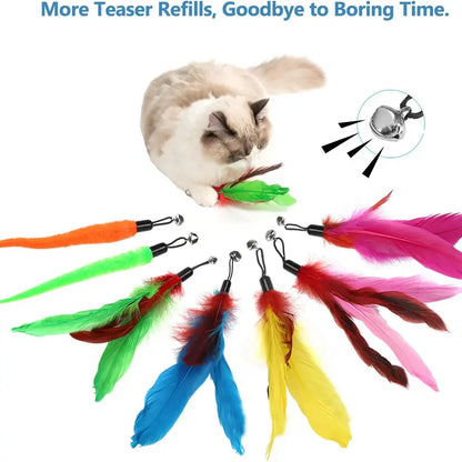 Interactive Feather Cat Wand Toy Set – 2 Retractable Wands + 7 Feather Refills with Bells