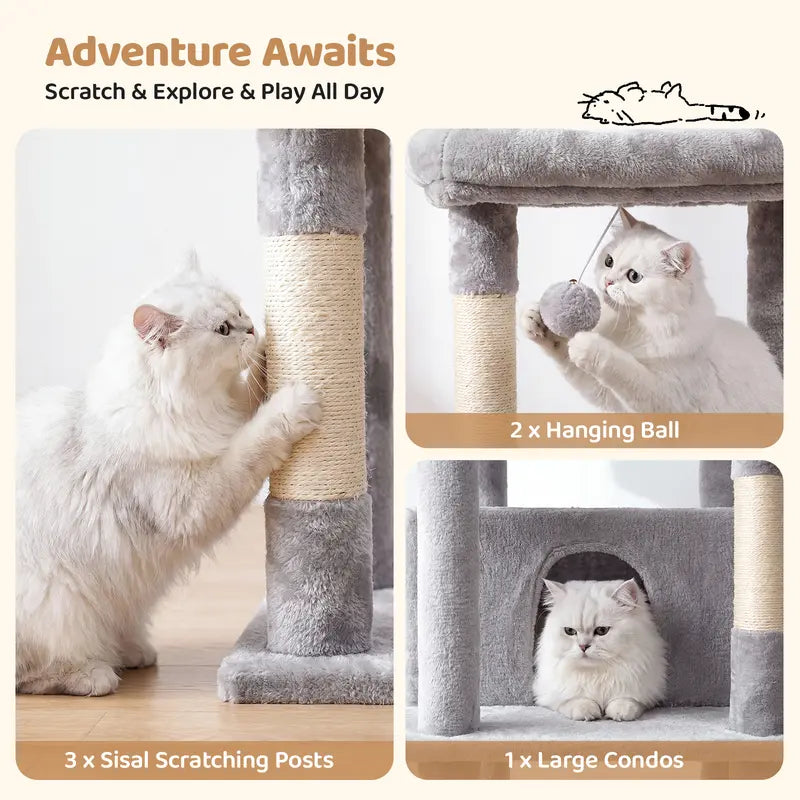 Multi-Level Cat Tree Tower – Condo, Plush Perch & Hammock for Indoor Cats
