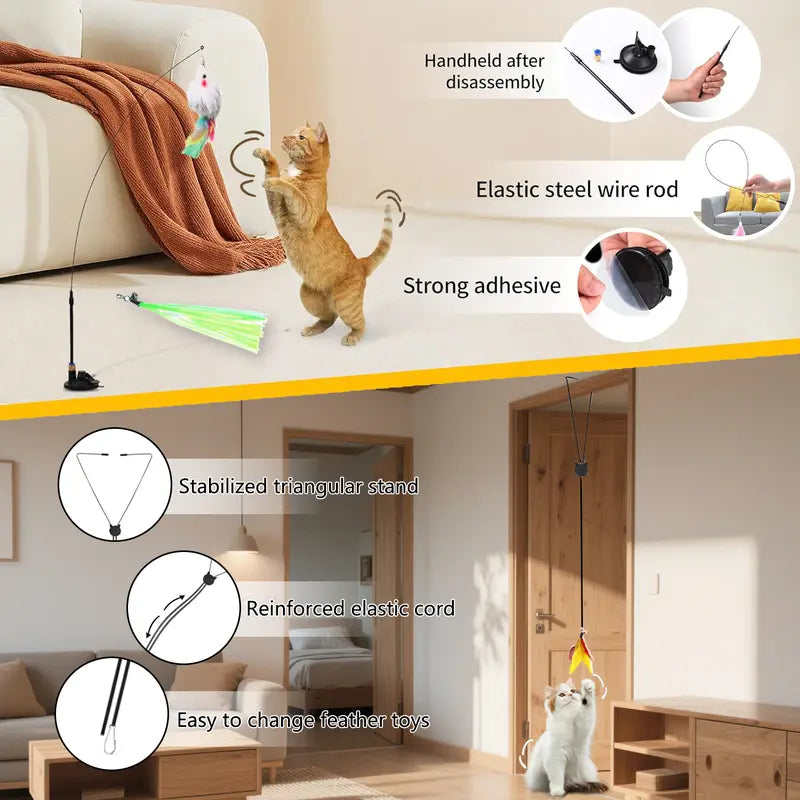 11-in-1 Interactive Cat Teaser Toy Set – Hands-Free Feather Wand with Suction Cup