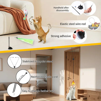 11-in-1 Interactive Cat Teaser Toy Set – Hands-Free Feather Wand with Suction Cup