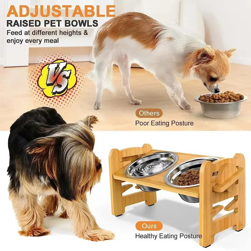 Elevated Slow Feeder Stand for Small to Medium Dogs - 6 Adjustable Heights, 15° Tilt Design for Joint Relief, Includes 2 Easy-Clean 700ml Stainless Steel Bowls, Natural Bamboo Double N-Shaped Base