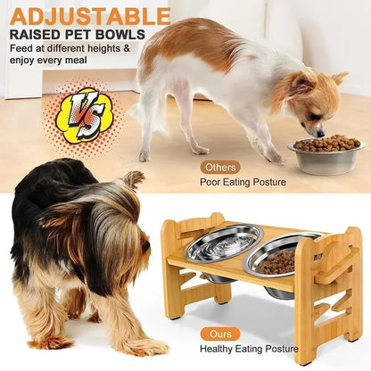 Elevated Slow Feeder Stand for Small to Medium Dogs - 6 Adjustable Heights, 15° Tilt Design for Joint Relief, Includes 2 Easy-Clean 700ml Stainless Steel Bowls, Natural Bamboo Double N-Shaped Base