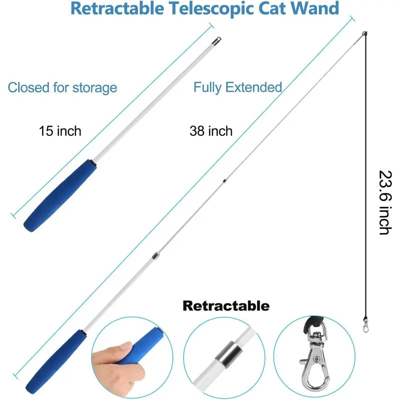 Interactive Feather Cat Wand Toy Set – 2 Retractable Wands + 7 Feather Refills with Bells