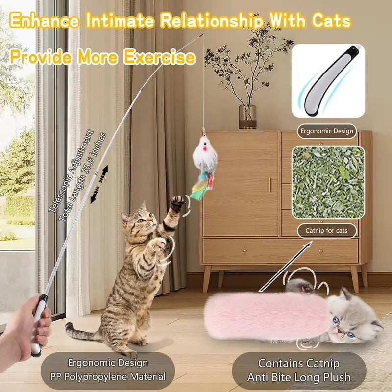 11-in-1 Interactive Cat Teaser Toy Set – Hands-Free Feather Wand with Suction Cup
