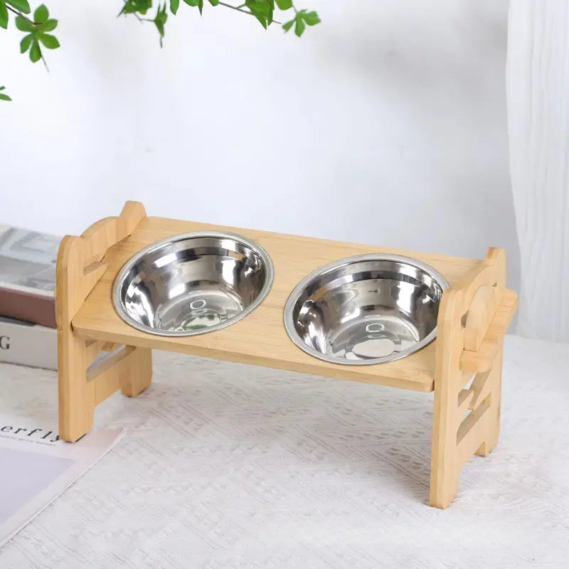 Elevated Slow Feeder Stand for Small to Medium Dogs - 6 Adjustable Heights, 15° Tilt Design for Joint Relief, Includes 2 Easy-Clean 700ml Stainless Steel Bowls, Natural Bamboo Double N-Shaped Base