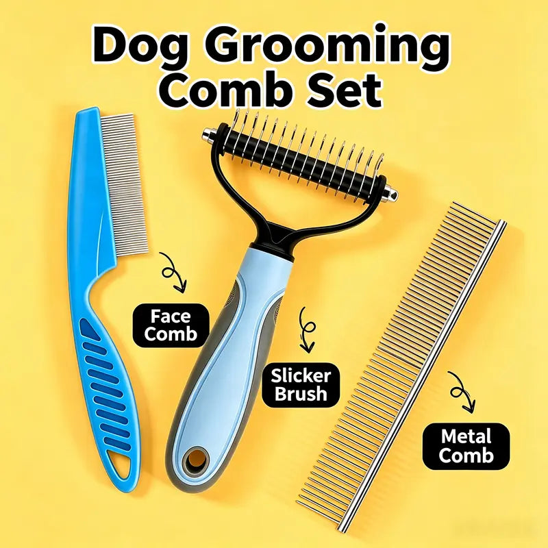 3-Piece Stainless Steel Pet Grooming Comb Set – Detangling, Undercoat & Face Combs