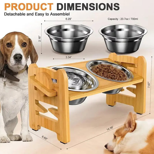 Elevated Slow Feeder Stand for Small to Medium Dogs - 6 Adjustable Heights, 15° Tilt Design for Joint Relief, Includes 2 Easy-Clean 700ml Stainless Steel Bowls, Natural Bamboo Double N-Shaped Base