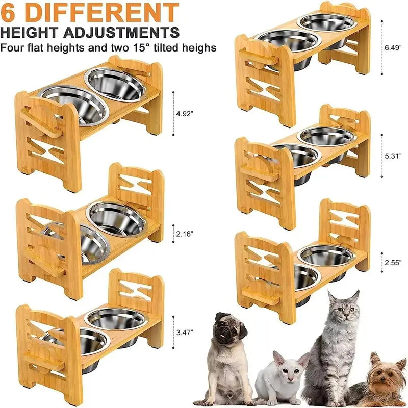 Elevated Slow Feeder Stand for Small to Medium Dogs - 6 Adjustable Heights, 15° Tilt Design for Joint Relief, Includes 2 Easy-Clean 700ml Stainless Steel Bowls, Natural Bamboo Double N-Shaped Base