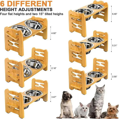 Elevated Slow Feeder Stand for Small to Medium Dogs - 6 Adjustable Heights, 15° Tilt Design for Joint Relief, Includes 2 Easy-Clean 700ml Stainless Steel Bowls, Natural Bamboo Double N-Shaped Base